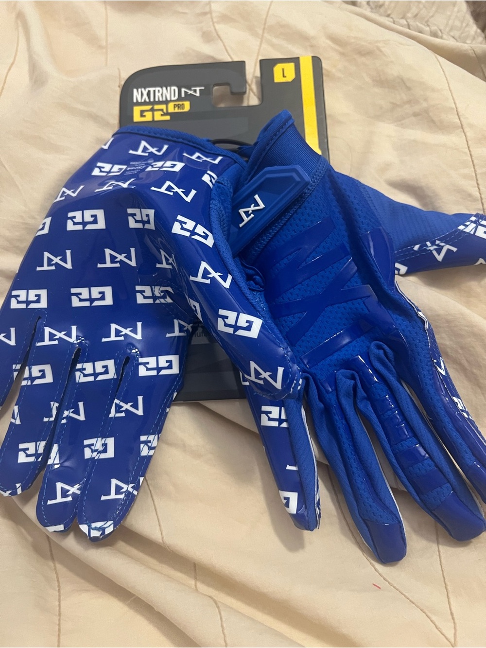 NXTRND Blue Football Gloves - Bold Logo Print- size L.  Never worn!